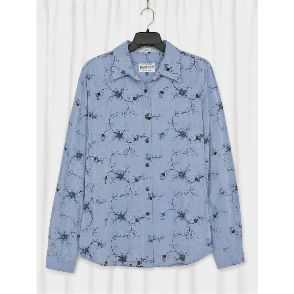 Pendleton Light Blue Floral Embroidered Button Front Long Sleeve Classic Blouse